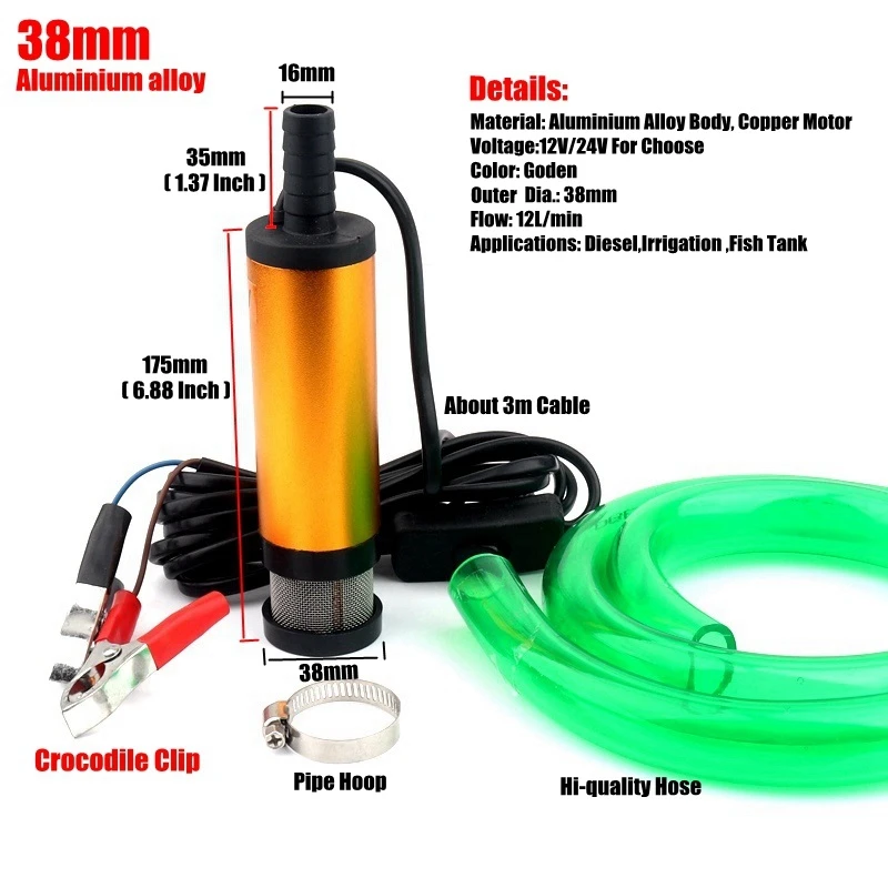 38mm DC 12V 24V 12L/min Submersible Pump Diesel Oil Pump Al alloy Stainless Steel Garden Irrigation System Fish Tank Pump Kits