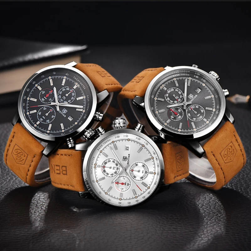 BENYAR Brand Watch For Men Fashion Waterproof Military Chronograph Sport Quartz Wristwatch Leather Clock Saat Relogio Masculino