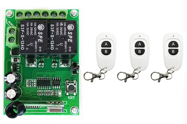 DC24V 2CH RF interruptor inalámbrico receptor de relé controladores remotos y teclas AB blancas transmisor impermeable/lámpara/ventana/puertas de garaje