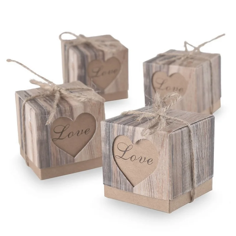 

Brown Gift Candy Boxes with Rope Hearts in Love Candy Boxes Wedding Favors Gift Box Wedding Party Favor Decoration 100pcs/lot