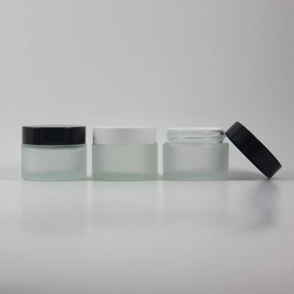 

30pcs 50g clear frosted glass cream jar with black or white plastic lid, 50g cosmetic jar for eye cream, 50g glass bottle