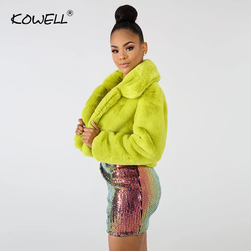 Hot Sale 2019 Fashion Lime Green Short Faux Fur Coat Winter Neon Fluorescent Warm Cardigan Cropped Jacket Fluffy Teddy Coats