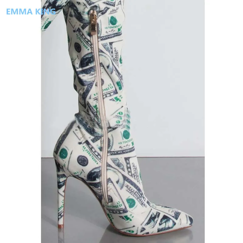 Dollaro stampe moda donna stivali alti alla coscia punta a punta cerniera posteriore scarpe da donna Sexy tacchi alti donna sopra il ginocchio