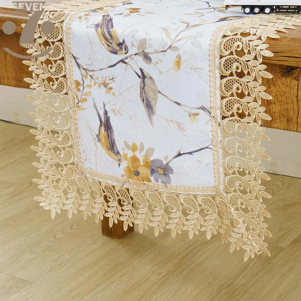 Dining Banquet Embroidered Border Decorative Yellow Color Birds Printed Jacquard Cloth Table Runner