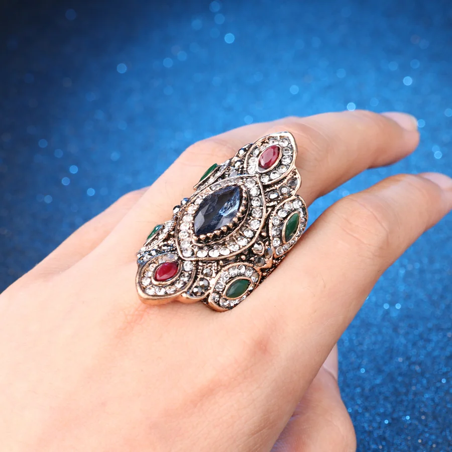 Punk Rock Vintage Wedding Rings For Women Color Antique Gold Unique Crystal Resin Big Ring Turkey Jewellery Christmas Gift