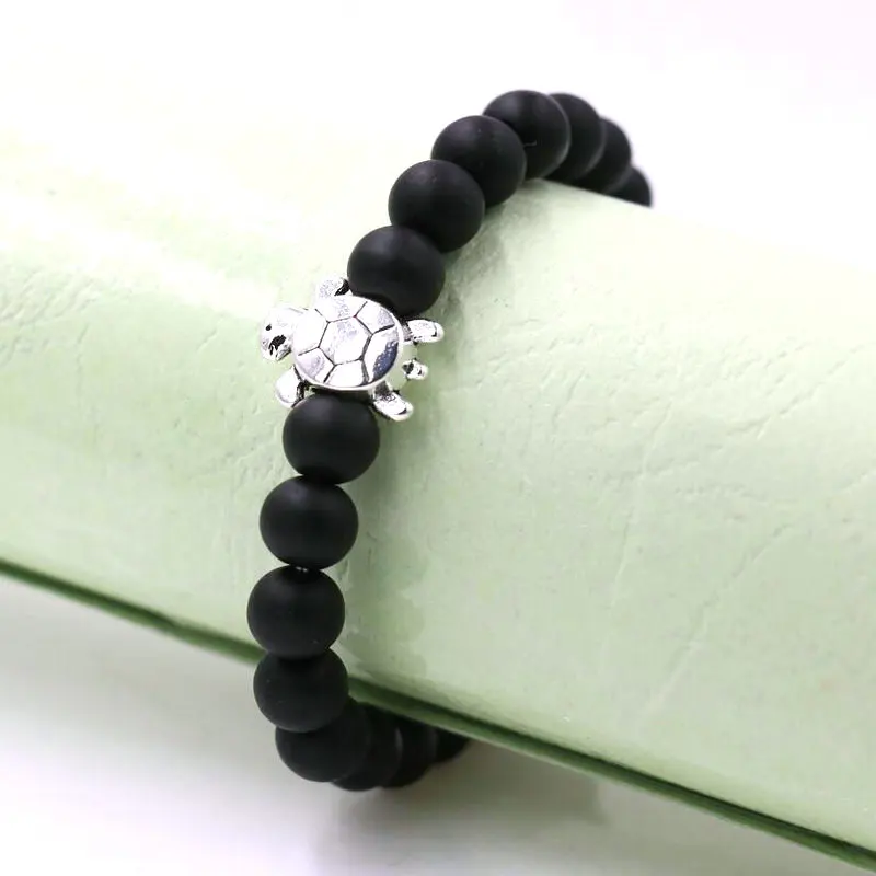 BPPCCR Natural Black onyx Lava stone 8mm with Alloy Sea turtle Tortoise Men Chakra Yoga Bracelet Animal Luxury Jewelry