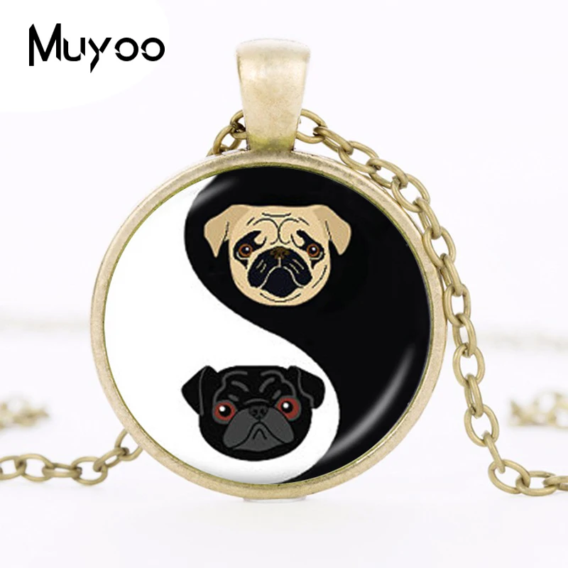 Yin Yang Pug Necklace Black and Tan Bulldog Pendant Dog Jewelry Gifts For Pug Lovers Rescue Jewellery, Glass Dome HZ1