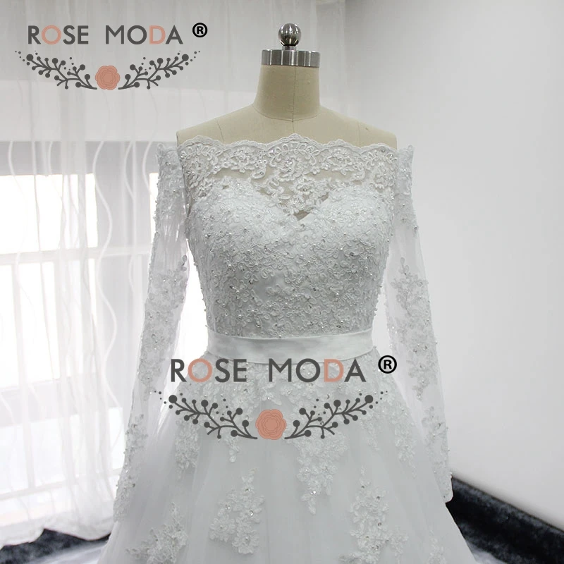 Rosa moda fora do ombro mangas compridas vestido de casamento do laço com arco removível fotos reais feito sob encomenda