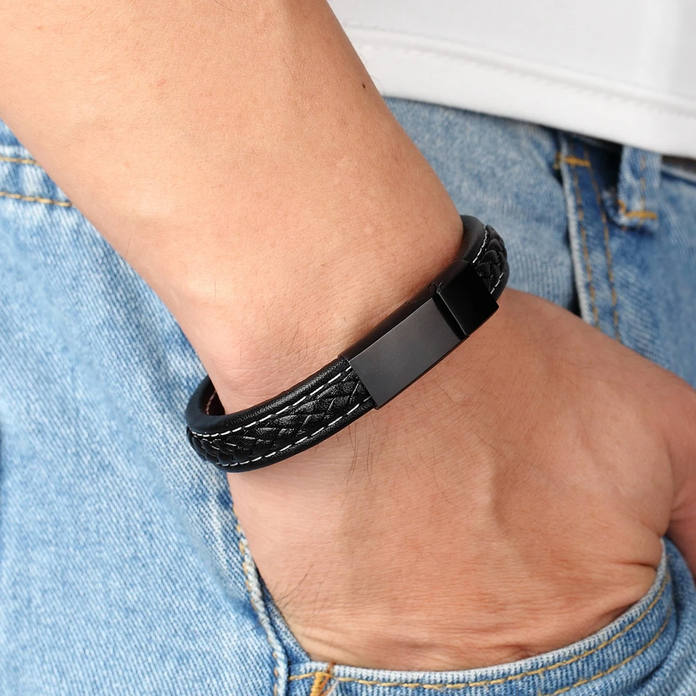 XQNI Trendy Grid Texture Bracelet Vintage Buckle Genuine Leather Bracelet For Homme Black/Rose Color Accessories Jewelry