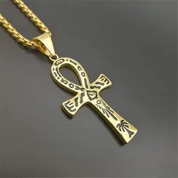 Mystical Egyptian Ankh Cross Pendant Necklace For Men Gold Color Stainless Steel Egypt Hieroglyphs Charms Jewelry