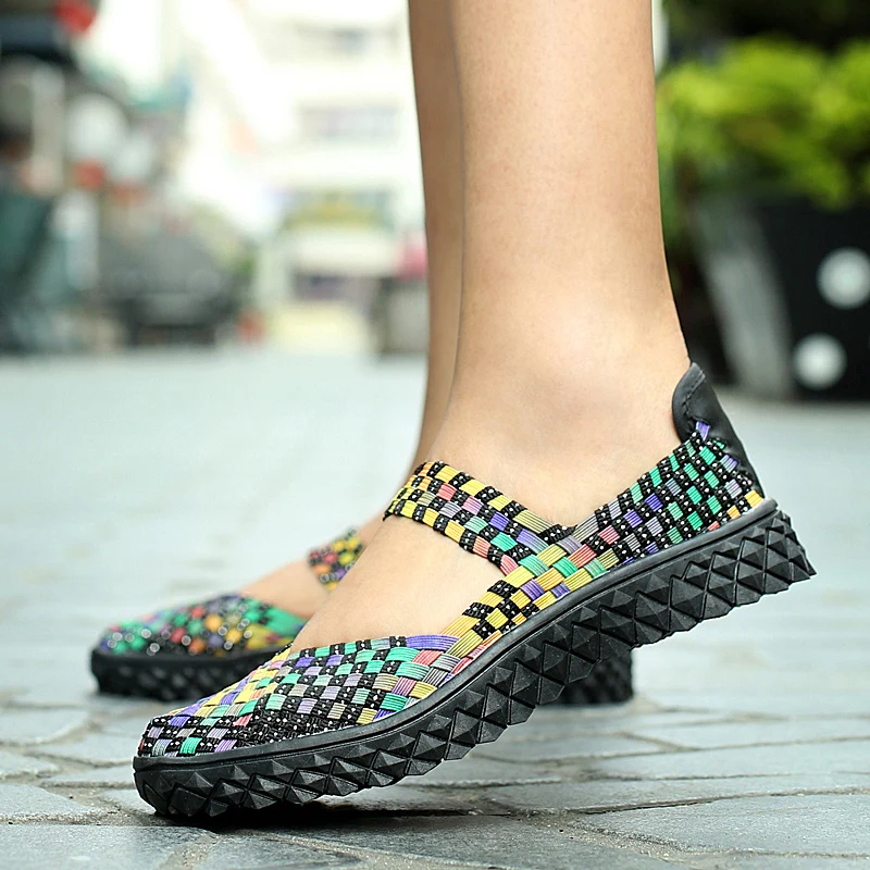 Summer Flats Shoes Womens Sneakers Breathable Woven Shoes Handmade Casual Sneakers Fashion Lady Tenis Non-slip Footwear For Walk
