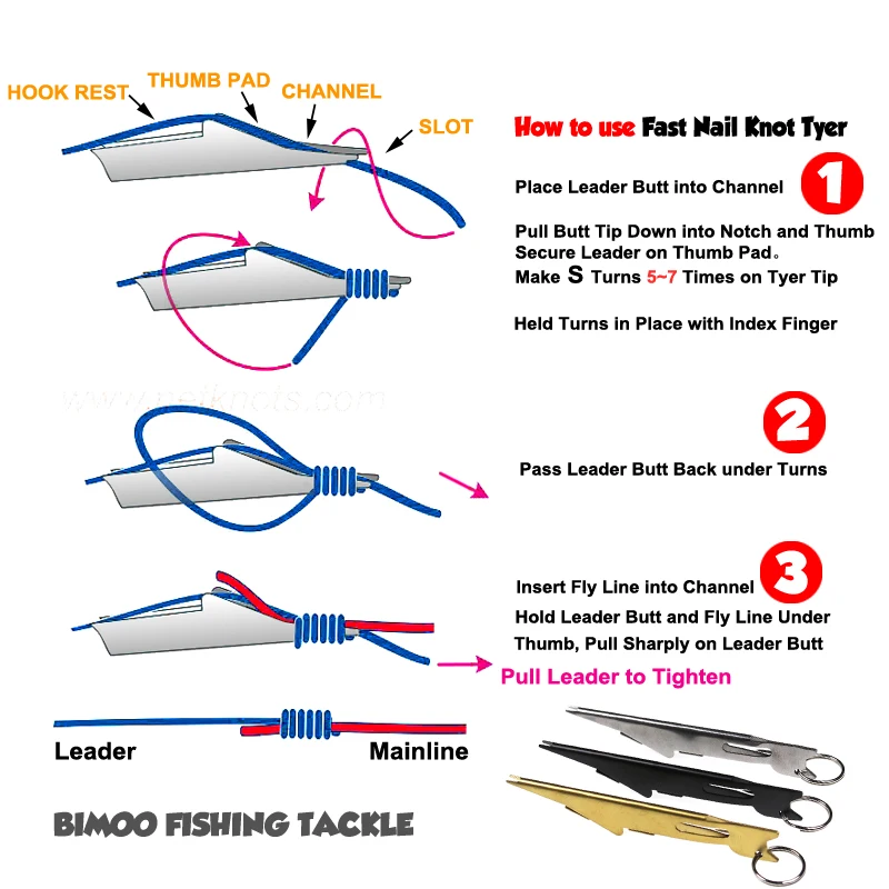 Bimoo Fly Fishing Nail Knot Tyer, gancho de pesca, ferramenta com extrator, líder e ferramenta Link principal