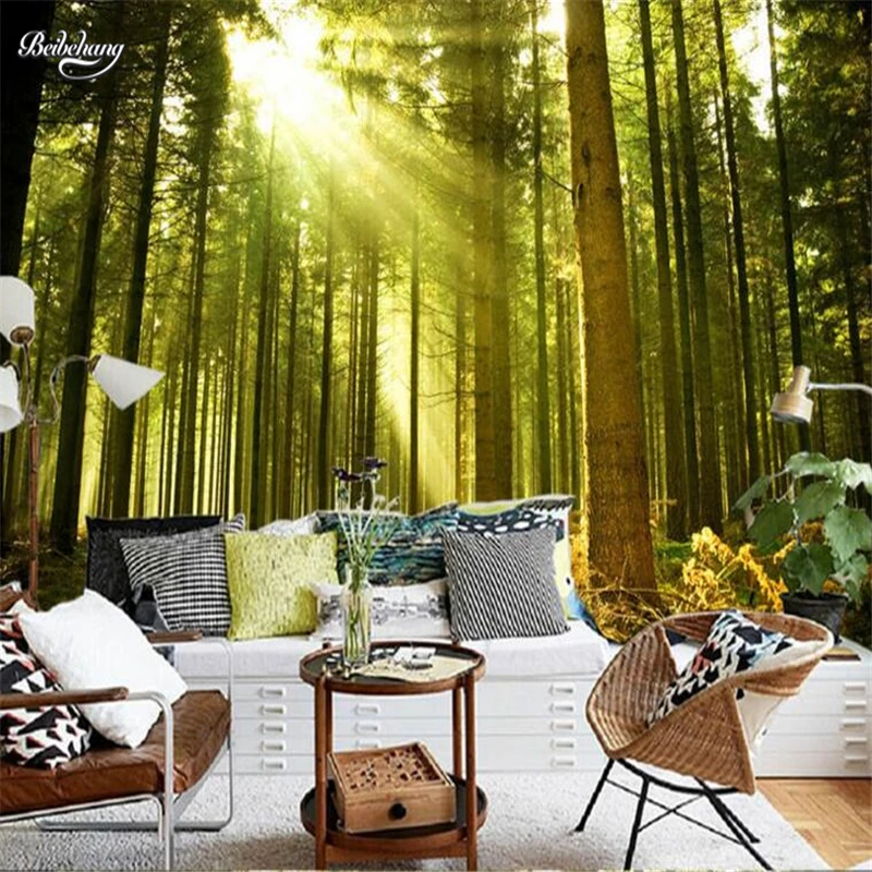 beibehang Beautiful sunshine through the forest modern TV background large custom fresco nonwoven wallpaper papel de parede