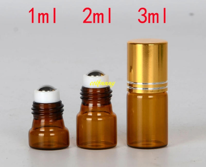 

100pcs/lot 1ML 2ml 3ML Roll On Amber Glass bottle With gold cap Refillable Perfume Bottles Empty Essential Oil container