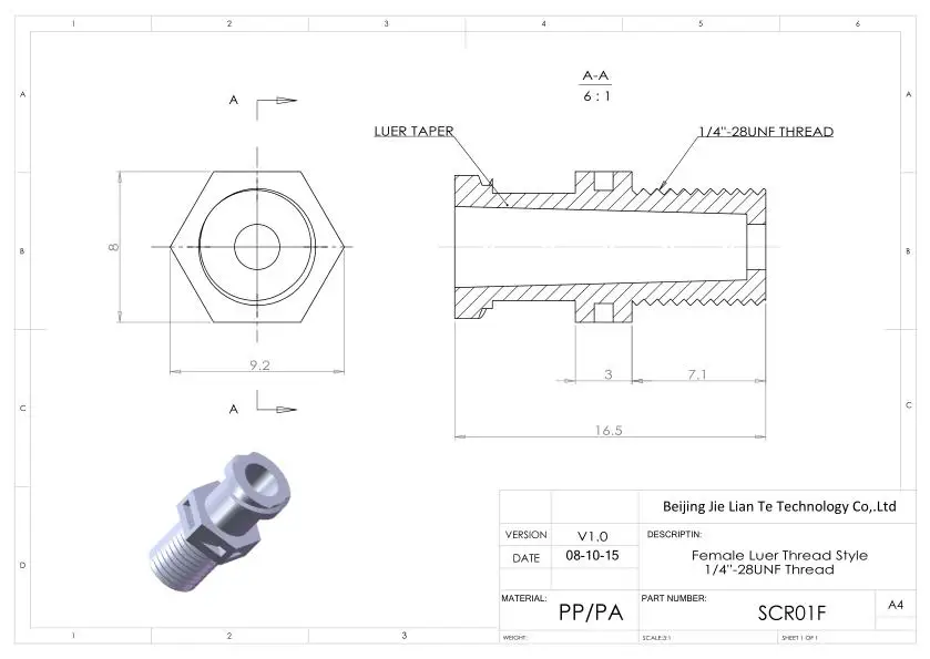 10pk  Luer to Thread Adapter with Male thread UNF 1/4