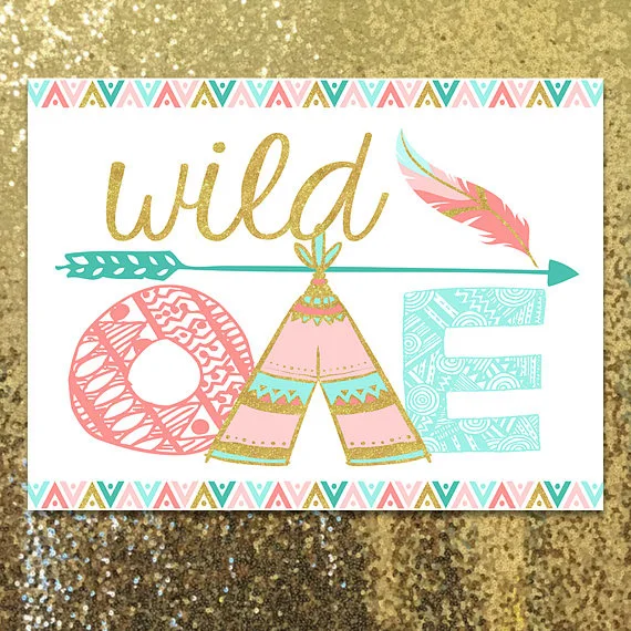 

Girl Wild One feather first birthday Pink Teal and Gold background High quality Computer print party backdrop