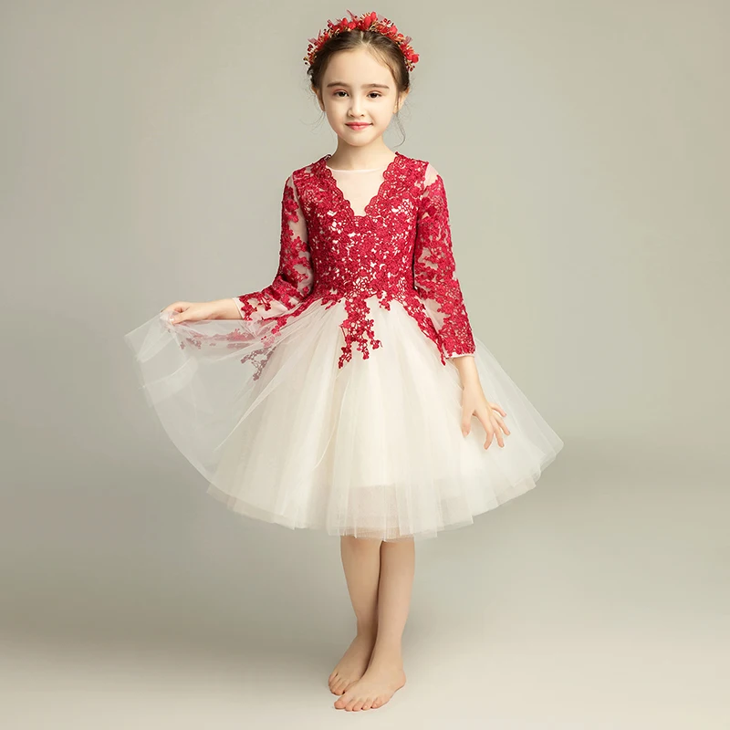 JaneVini Thanh Lịch Puffy Tulle Công Chúa Burgundy Hoa Cô Gái Ăn Mặc 2019 V Cổ Ren Appliques A Line Cô Gái Đầu Tiên Rước Dresses