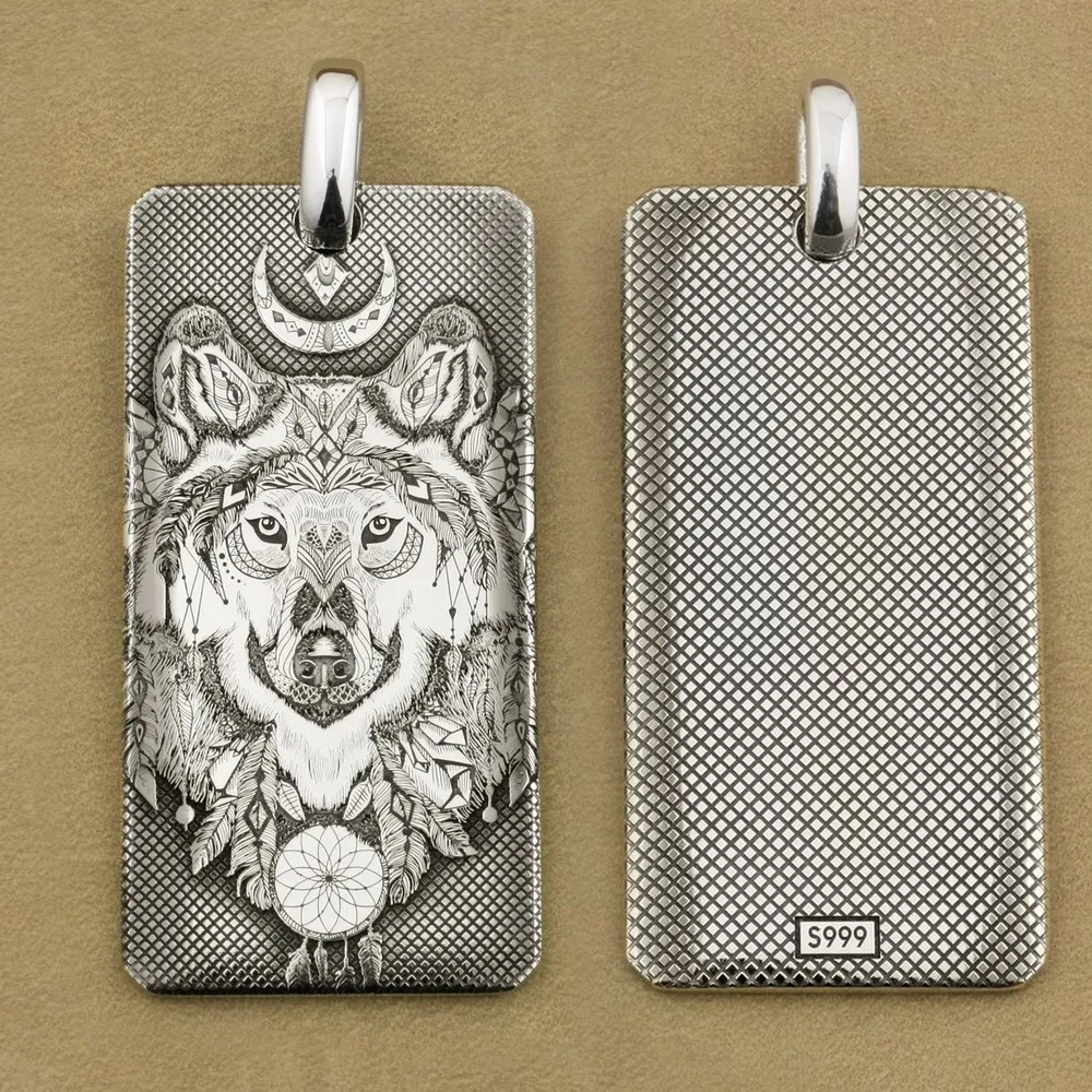 Deep Laser Engraved 999 Pure Silver Indian Wolf DogTag High Details Mens Biker Punk Pendant 9X031S Just Pendant