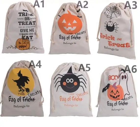 

Cotton Canvas Halloween Sack favor Gifts bags Children Candy Gifts Bag Party Pumpkin Spider treat or trick Drawstring Bags