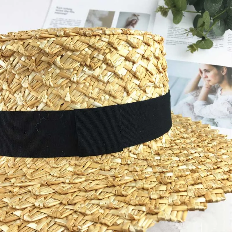 7cm Wide Brim Boater Cap Ribbon Round Flat Top Wheat Straw Hats Sun Beach hat Summer Women kentucky derby Hat Sombreros Mujer