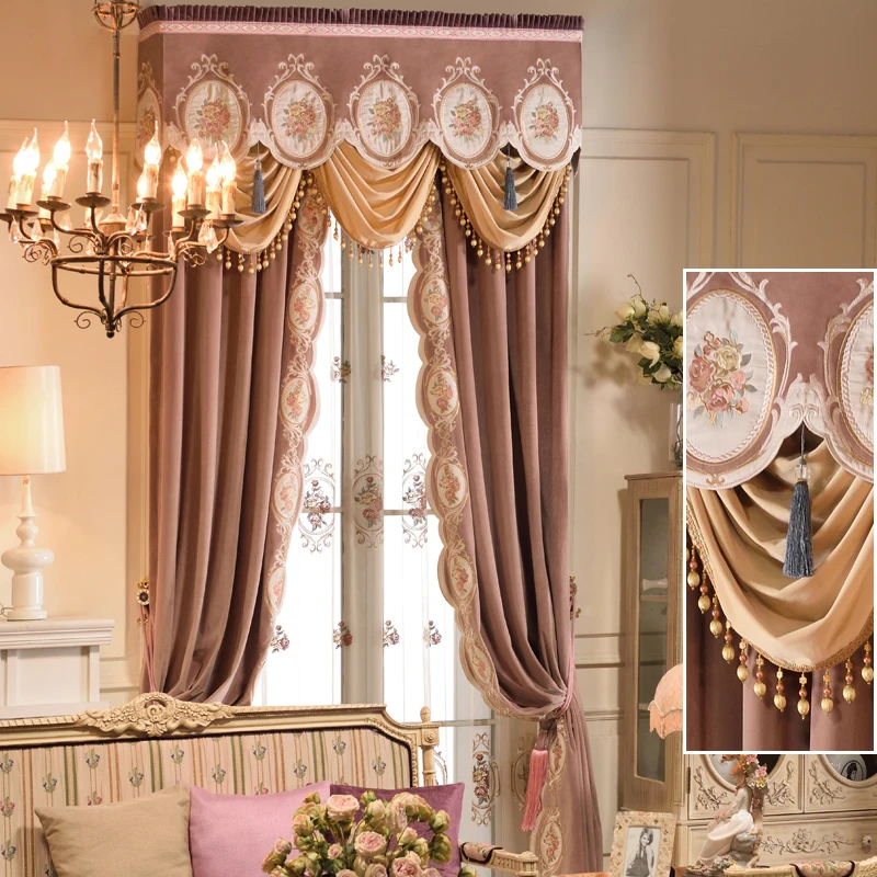 

Custom curtain Luxury high-grade American Style Floral thick flannel embroidery pink cloth blackout curtain valance tulle E988