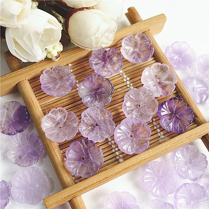 5pc Carved Real Stone Flower Natural Quartz Loose Beads Purple Crystal Bead Accessories For Jewelry Making DIY Findings DYL0037