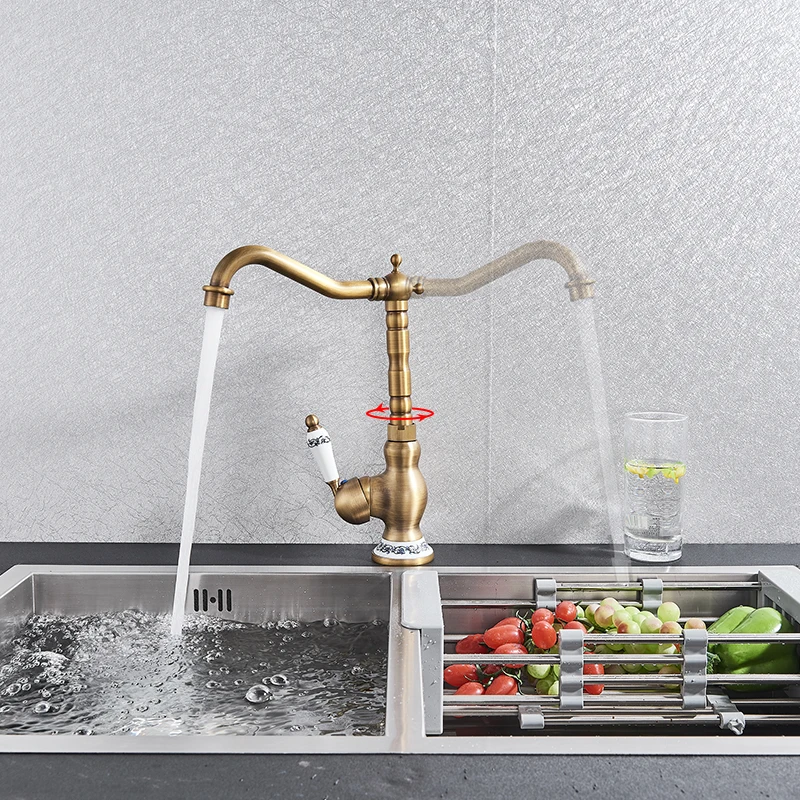 Bath Kitchen Sink Faucets Antique Brass Single Handle Kitchen Basin Faucets Deck Mounted Hot&Cold Water Mixer Basin sink Taps