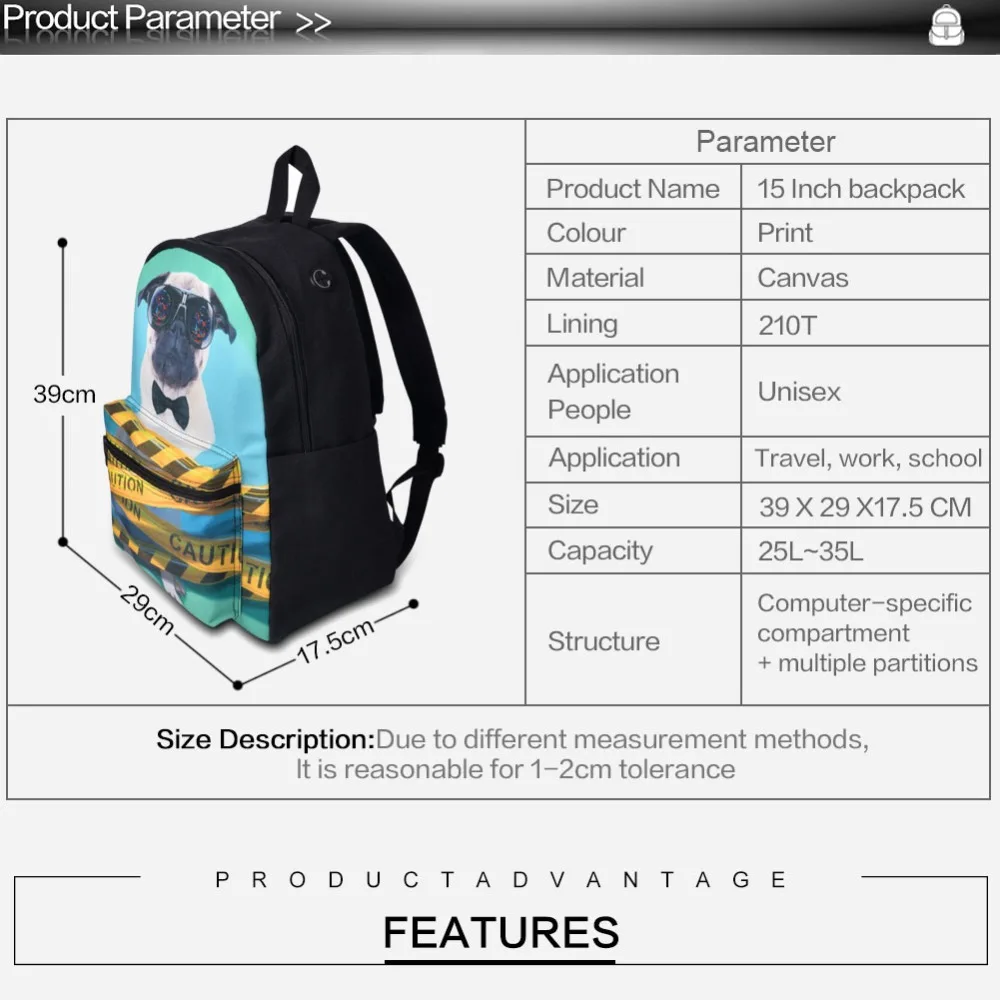 Canvas Backpack Black Daypack laptop Bag Cute  Dolphin Design for Boys Girls School mochila Bag