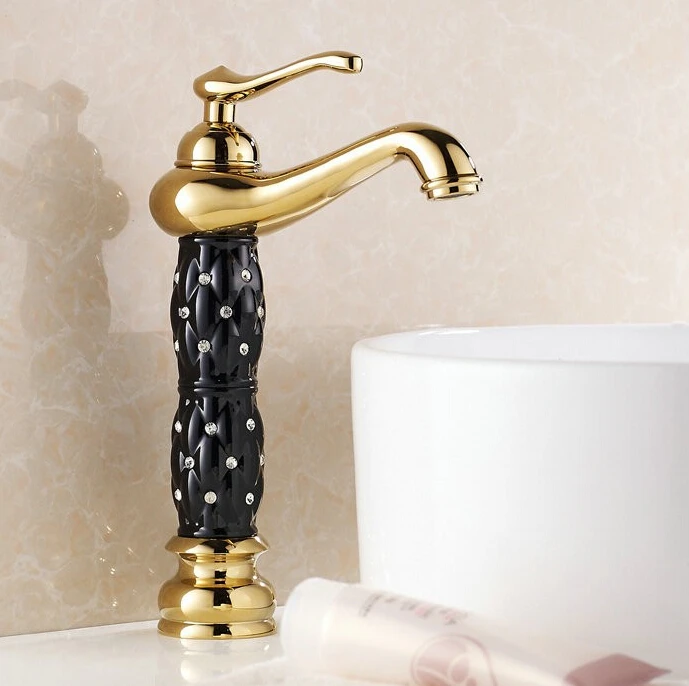 Tall Golden Plated Black Basin Mixer Taps With Diamond Single Hole Luxury Sink Faucet G1074