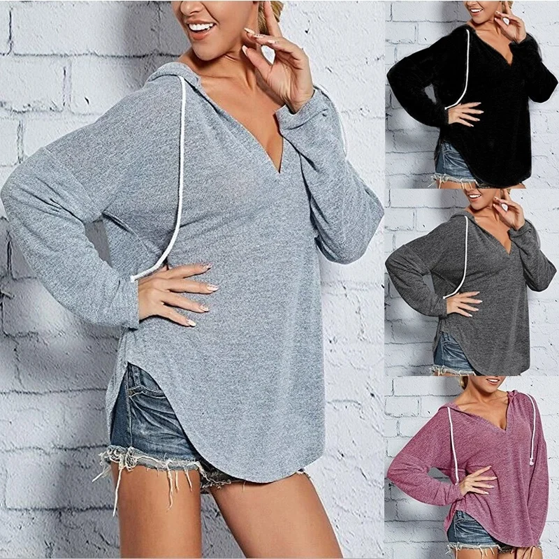 

Fashion Women Long Sleeve T Shirt Hooded Pullover Hoodies Female Winter Autumn Loose Tops Sexy Solid V Neck Hoody Clothes