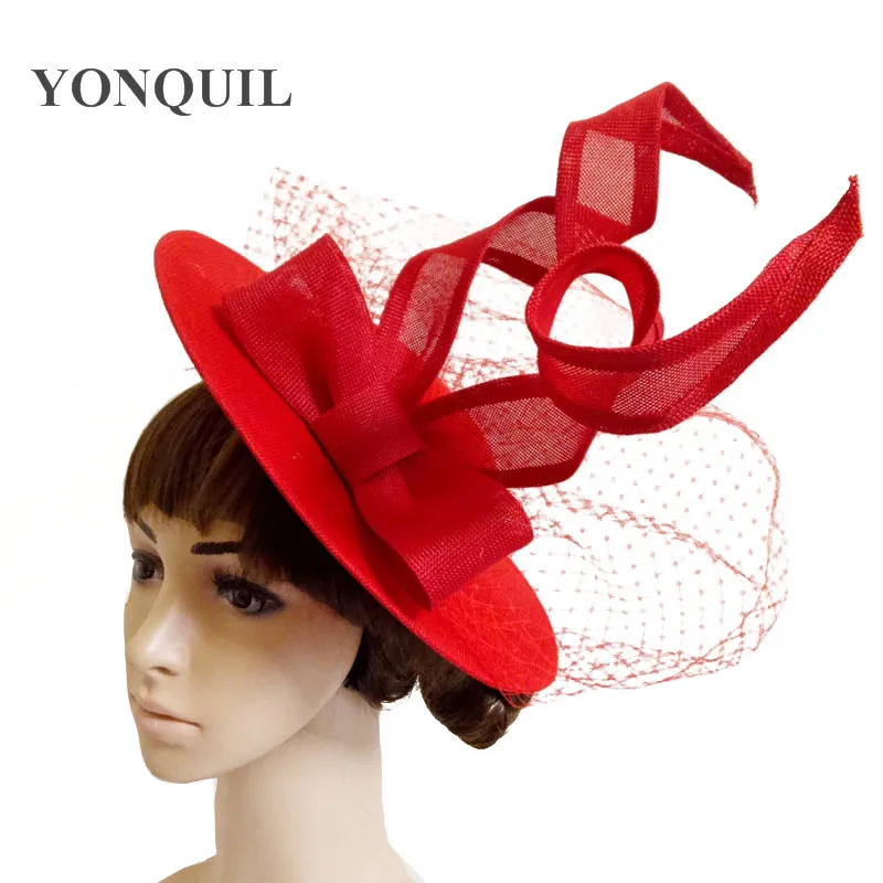 

Imitation Sinamay Fascinator Hats White Bowknot Kentucky Derby Wedding Cocktail Church Sinamay Hairclips Gril Red Women Headwear