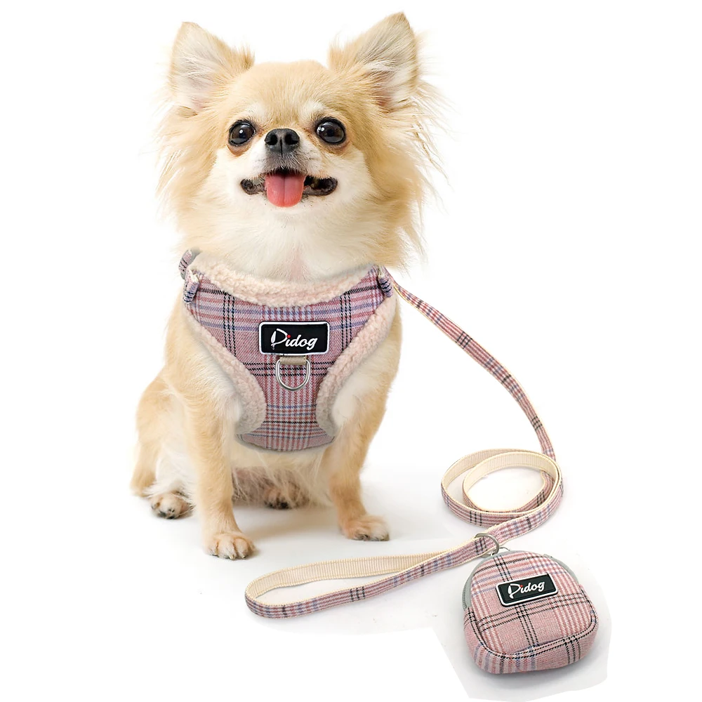 Classic Plaid  Dog Harness For Small Dogs Mesh Nylon Pet Harness and Leash Set  Chihuahua Pug Vest Walking Rope With  Treat Bag