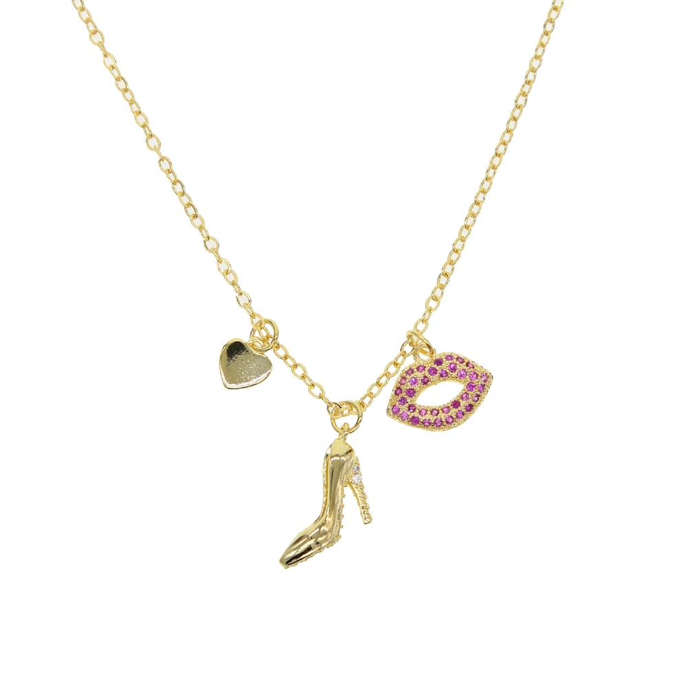 vogue lady jewelry gold filled cz high-heeled shoes red kiss cute lovely heart charm chain necklace