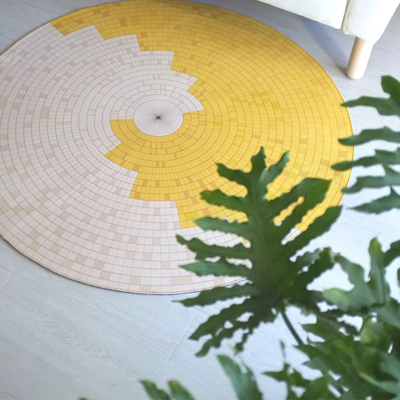 Round Lemon Yellow Plaid Carpet, Soft, Non-Slip, Bedroom, Living Room, Home