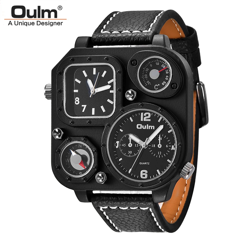 Oulm 1169 Black Sport Men\'s Watches Square Dial Unique Decorative Compass Male Quartz Watch Casual Men Wristwatches