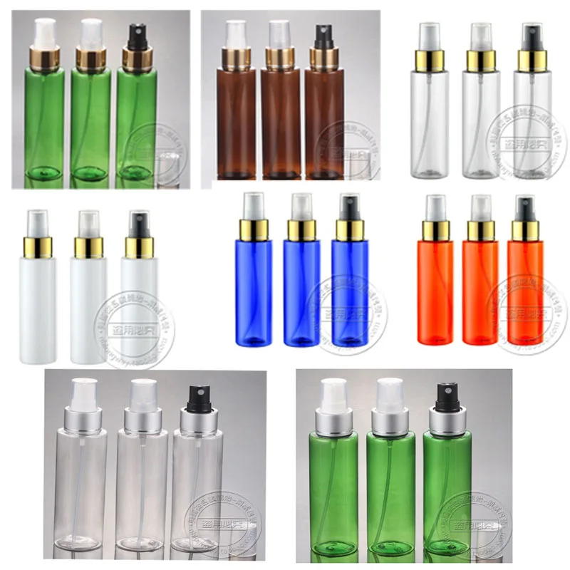 

free shipping Capacity 100ml 200pcs/lot Flat shoulder high quality gold and silver aluminum spray bottle plastic bottle