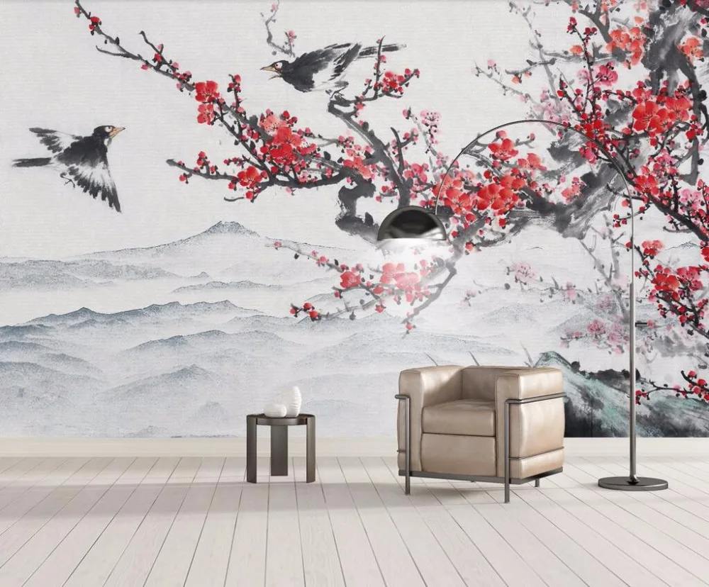 

Beibehang Custom wallpaper Chinese flower and bird ink hand-painted plum landscape TV couch background wall murals 3d wallpaper