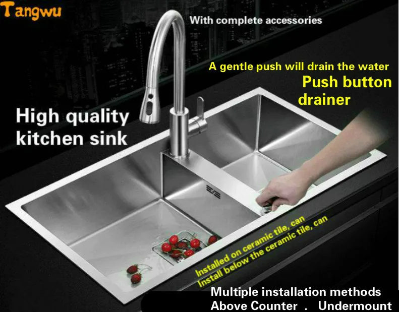 Tangwu Deluxe kitchen sink manual double - groove 4 mm thick food grade 304 stainless steel button drainage durable 75x45x22 CM