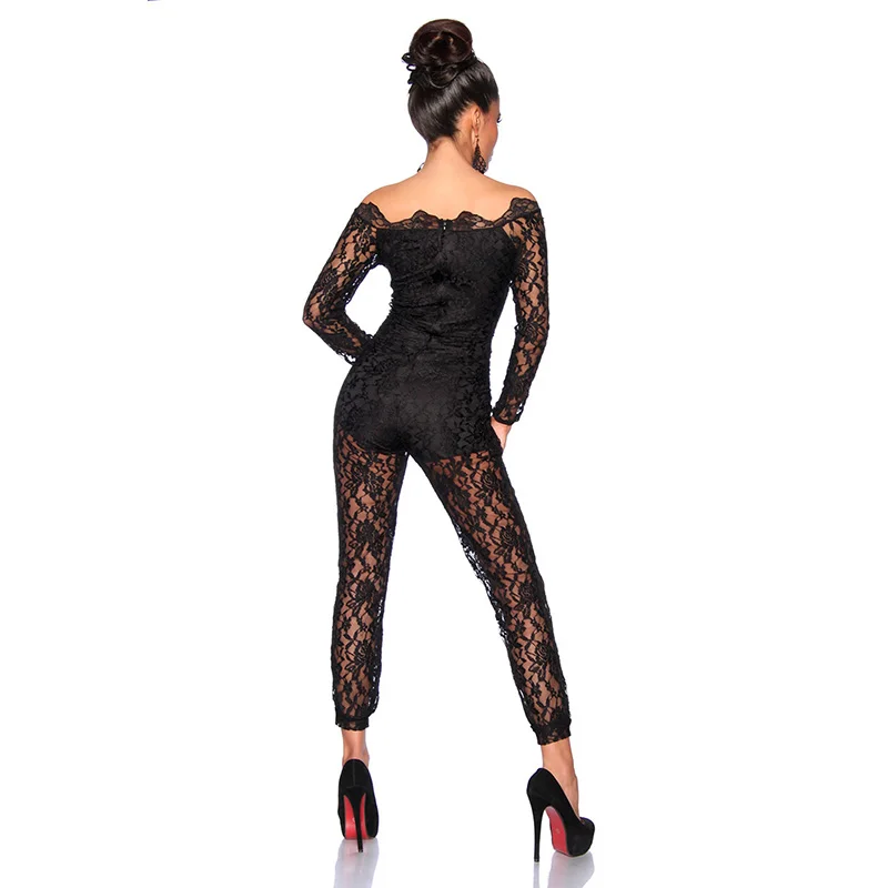 Wanita Renda Bunga Hitam Lengan Panjang Jumpsuit Baju Monyet Clubwear Seksi Off Bahu Slash Leher Playsuit Bodycon Partai Celana Wanita