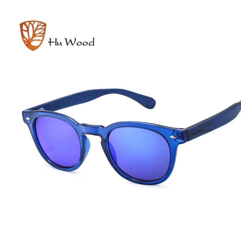 HU WOOD Wooden Sunglasses Women Plastic Frame Fashion Shades Fashion Blue Mirror Sun Glasses For Men Round Sunglass GR8017
