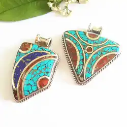 TBP158 Indian White Metal Copper Inlaid Colorful Stone Flower Pendants from Nepal Tibetan Hand Jewelry