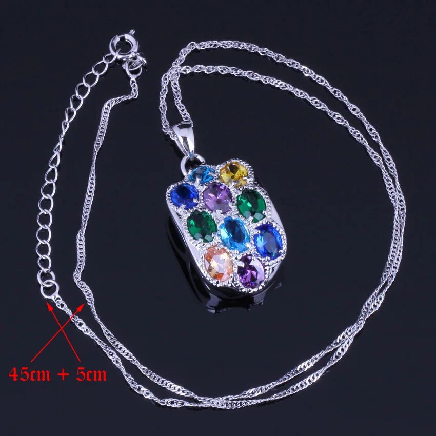 Astonishing Multigem Multicolor Cubic Zirconia Silver Plated Jewelry Sets Earrings Pendant Nacklace Chain Ring V0249