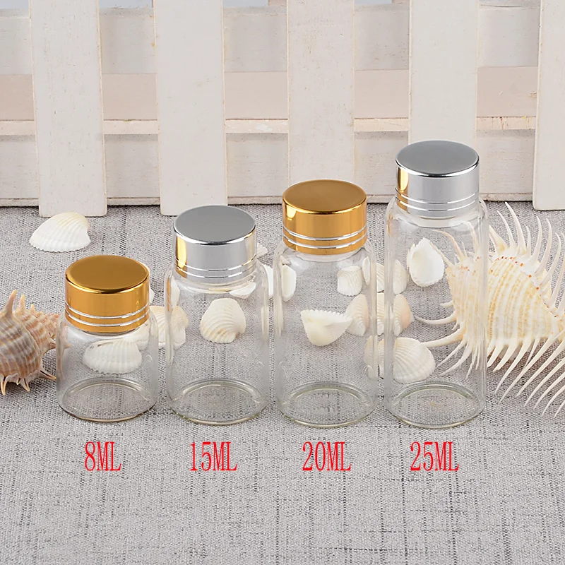 Empty Glass Bottles with Metal Screw Cap Pill Powder Ornament Bottles 8ml 15ml 20ml 25ml Liquid Food Saffron Jar Container 12pcs