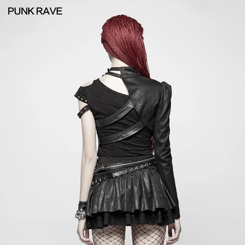 Punk Rave One-arm Rivet Short Sexy Coat Jacket Soldier Black Gothic Cosplay Performance Clothing WY952