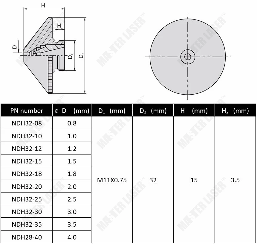 Dia 32mm Double Layer Laser Cutting Head Nozzle 1.0 1.2 1.5 1.8 2.0 2.5 3 3.5 4.0 Lasermech Precite