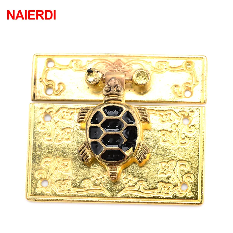 NAIERDI Gold Box Hasp Lock Decorative Jewelry Chest Wine Box Wooden Case Toggle Hasp Latch Catch Turtle shape Rectangle 55x46mm