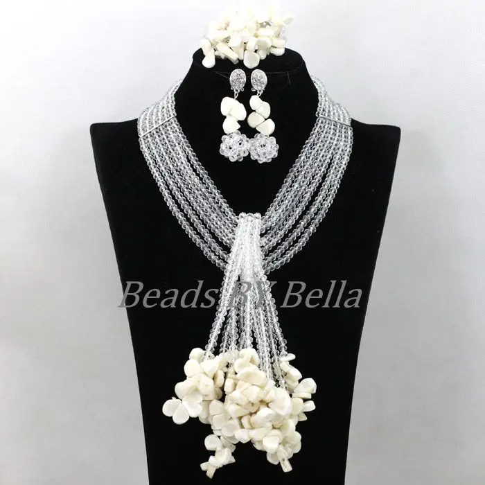 

Gorgeous Bridal Jewelry Sets White Crystal/Coral Nigerian Wedding Beads African Women Statement Necklace Free Shipping ABK197