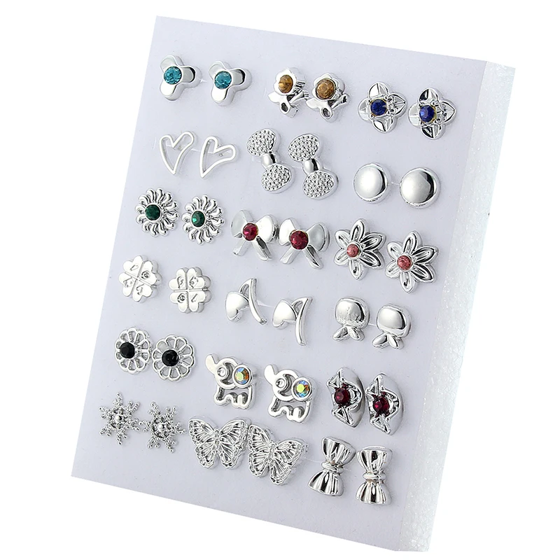 18 Pairs Colorful Rhinestone Hollow Flower Animal Mix Style Plastic Stud Earrings Set For Women Girls