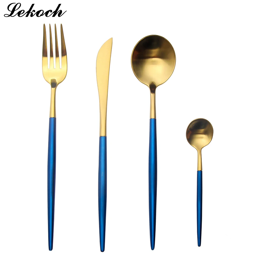 

4Pcs/Lot Cutlery Set 18/10 Stainless Steel Dinnerware Set Gold Blue Dessert Fork Knife Coffee Scoops Set Weding Silverware Set