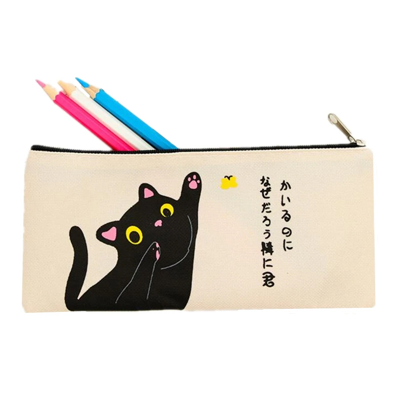 

1PCS Simple Cat Pencil Case Canvas Pencil Bag School Supplies Cartoon Stationery zipper Pencils Box Students Gifts